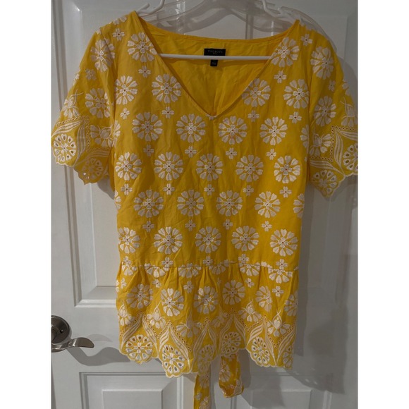 Talbots Tops - Talbots Eyelet Top Floral Embroidered Tie Waist Yellow Blouse Petite 16P
